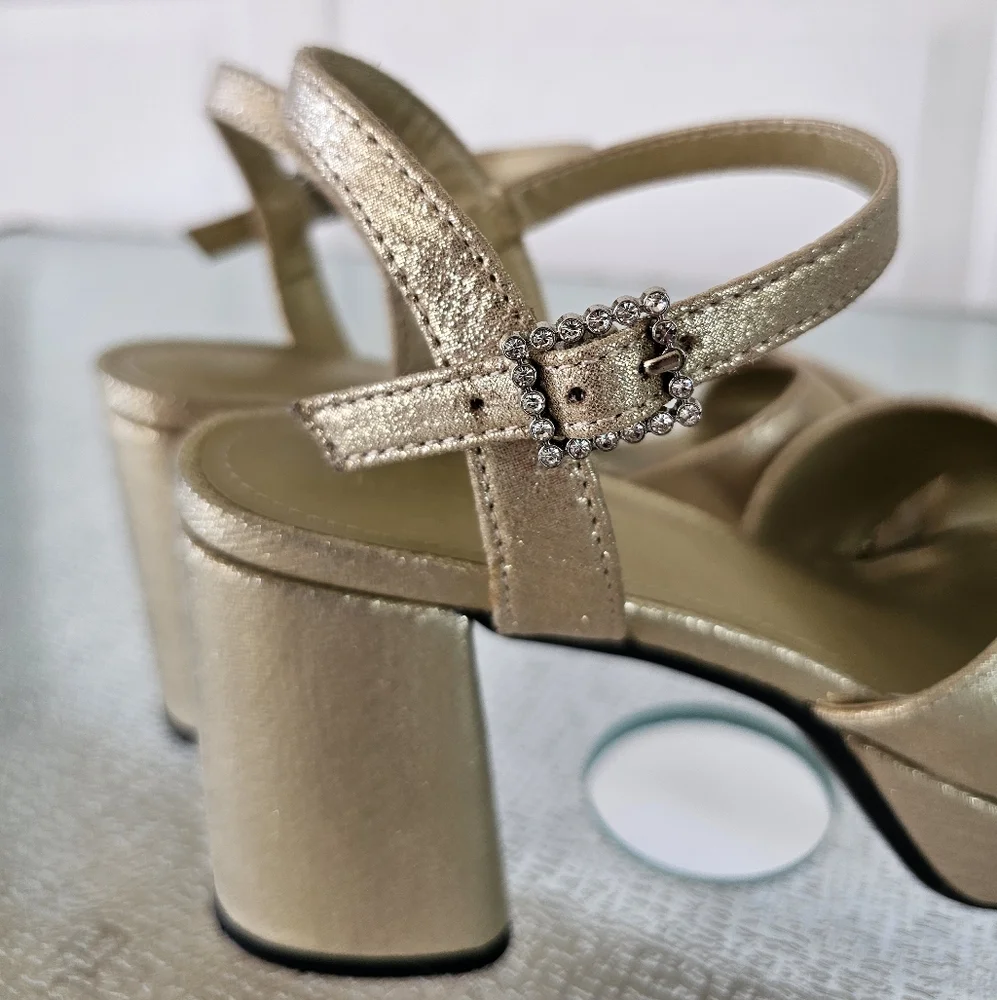 Kenneth Cole Reaction 7.5 Gold Block Heel Sandals Platform Strappy Party Glam - Picture 5 of 8